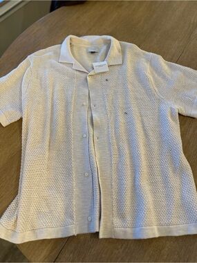 American Eagle Outfitters Cream Open-Weave Knit Polo